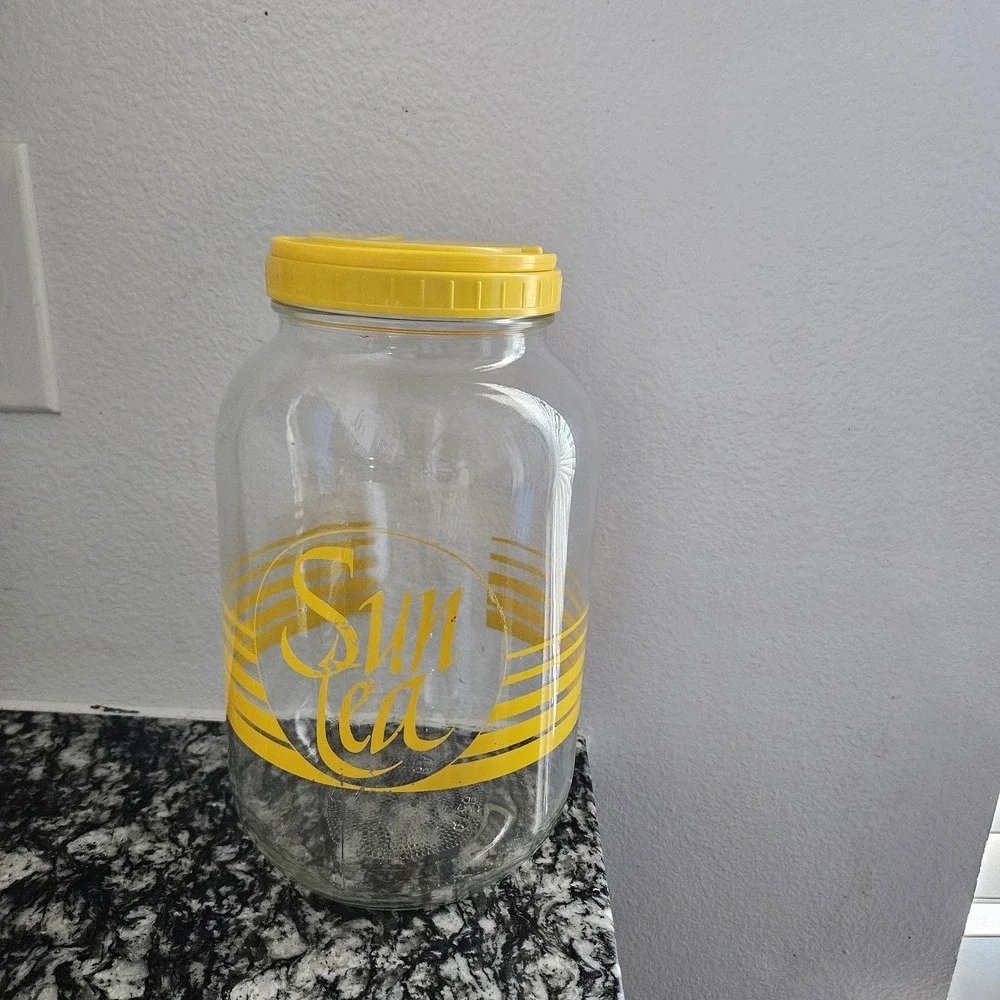 vintage sun tea‎ jar glass gallon iced tea bright yellow with lid